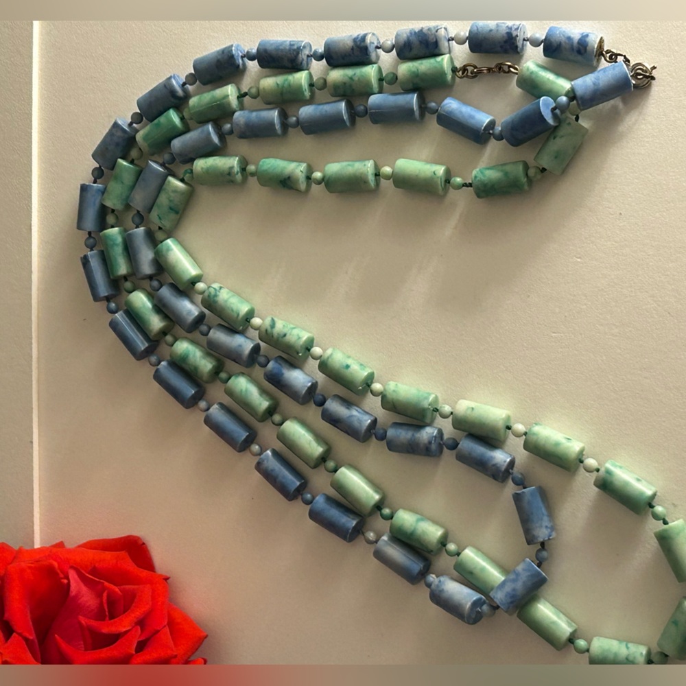 2 vintage Necklaces Green, Blue marbleized sponged acrylic cylinder beads 30”